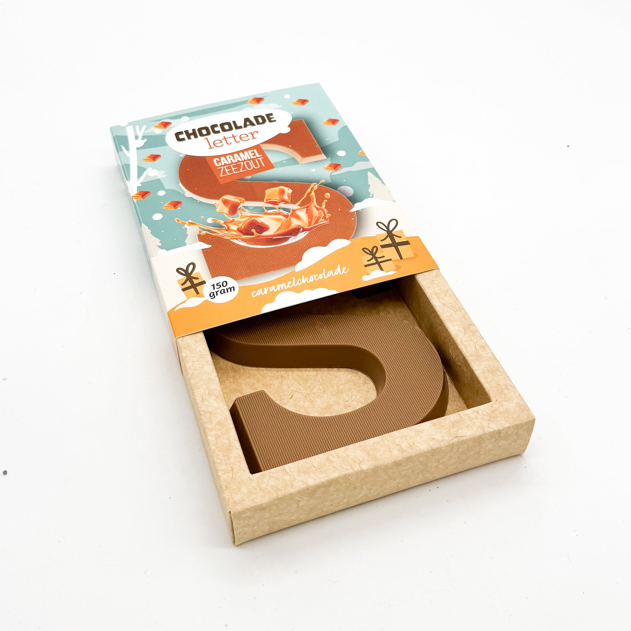 Caramelchocolade met zeezout chocoladeletter (150 gram) [Plasticvrij]