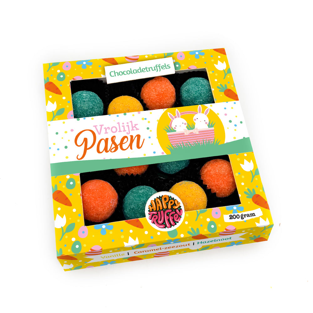 Chocoladetruffels - Paaseditie "Vrolijk Pasen" (12 truffels) 200 gram