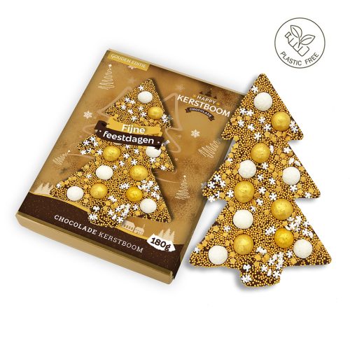 Happy Chocolade Kerstboom goud "Fijne feestdagen" (180g)