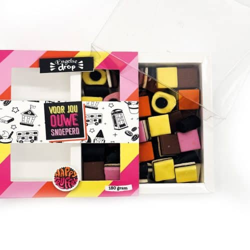 Snoeppakket "Voor jou ouwe snoeperd" Engelse drop (210 gram)