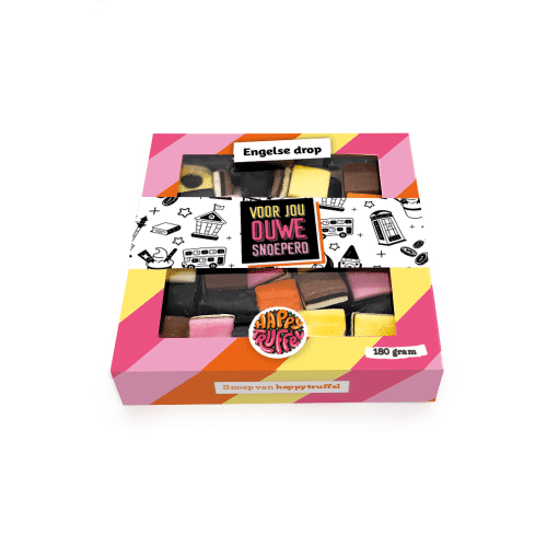 Snoeppakket "Voor jou ouwe snoeperd" Engelse drop (210 gram)