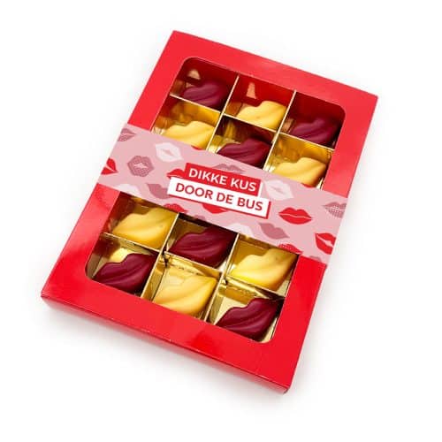 Happy Kusjes chocolade "Dikke kus door de bus" (15 stuks) [Geel/Rood]