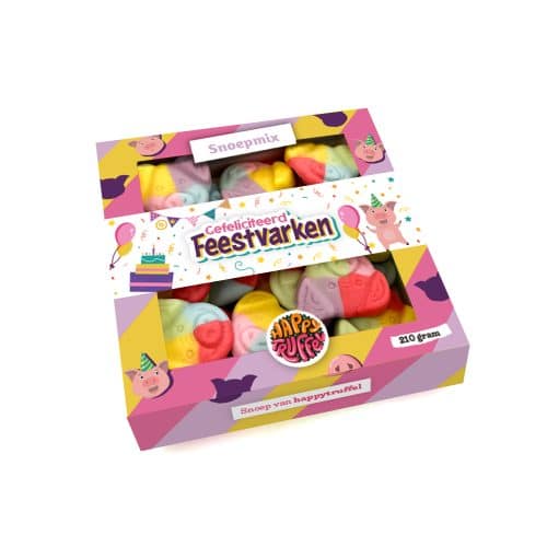 Snoeppakket “Gefeliciteerd Feestvarken” Biggetjes snoep (210 gram)
