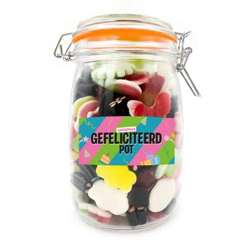 Snoeppot weck “Gefeliciteerd Pot” mix snoep/drop (1000 ml)