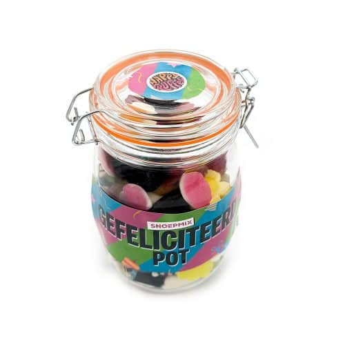 Snoeppot weck “Gefeliciteerd Pot” mix snoep/drop (1000 ml)