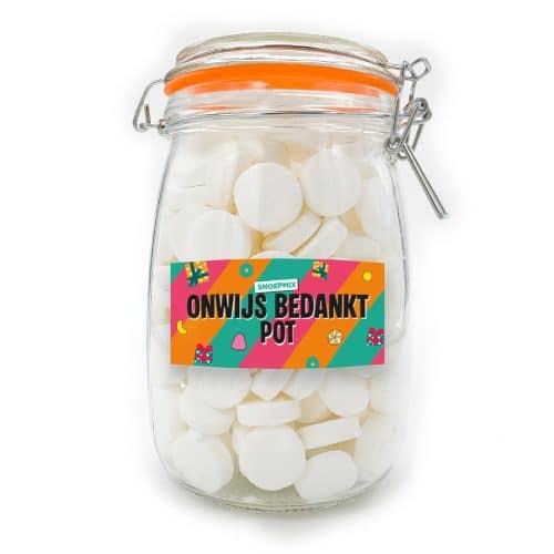 Snoeppot weck “Onwijs Bedankt Pot” pepermuntjes (1000 ml)